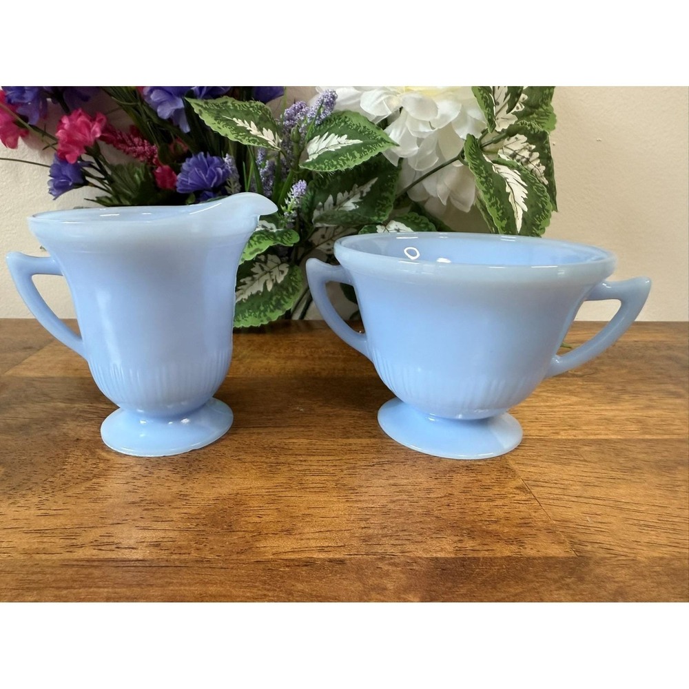Vintage‎ Blue Pyrex Milk Glass Sugar and Creamer Set Ribbed Base, Double Handles